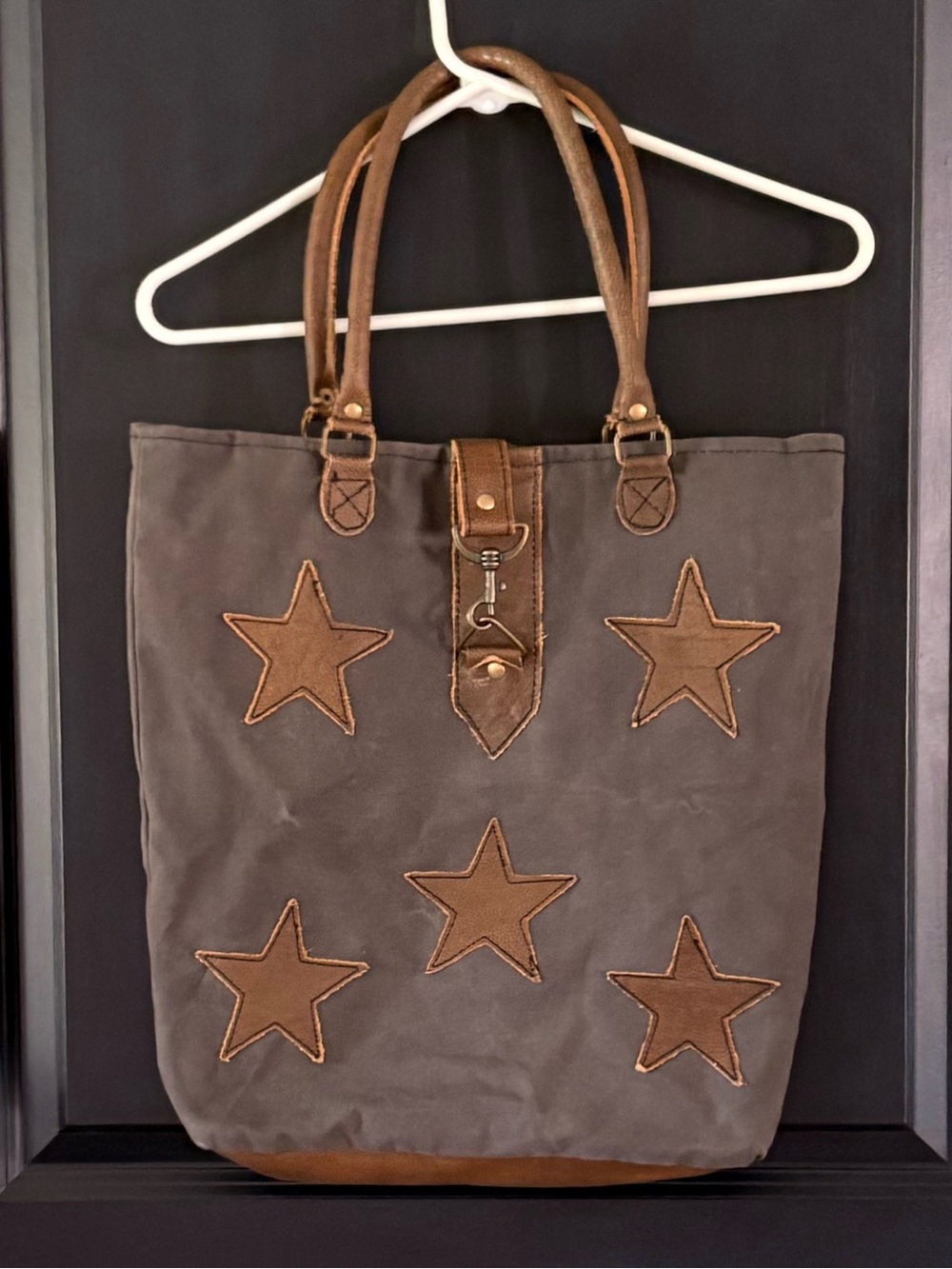 Myra Bag Brown Canvas Tote with Star Appliqués and Leather Trim
